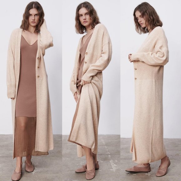 NEW Zara Wool Blend Long Maxi Duster Cardigan Sand - Picture 3 of 11